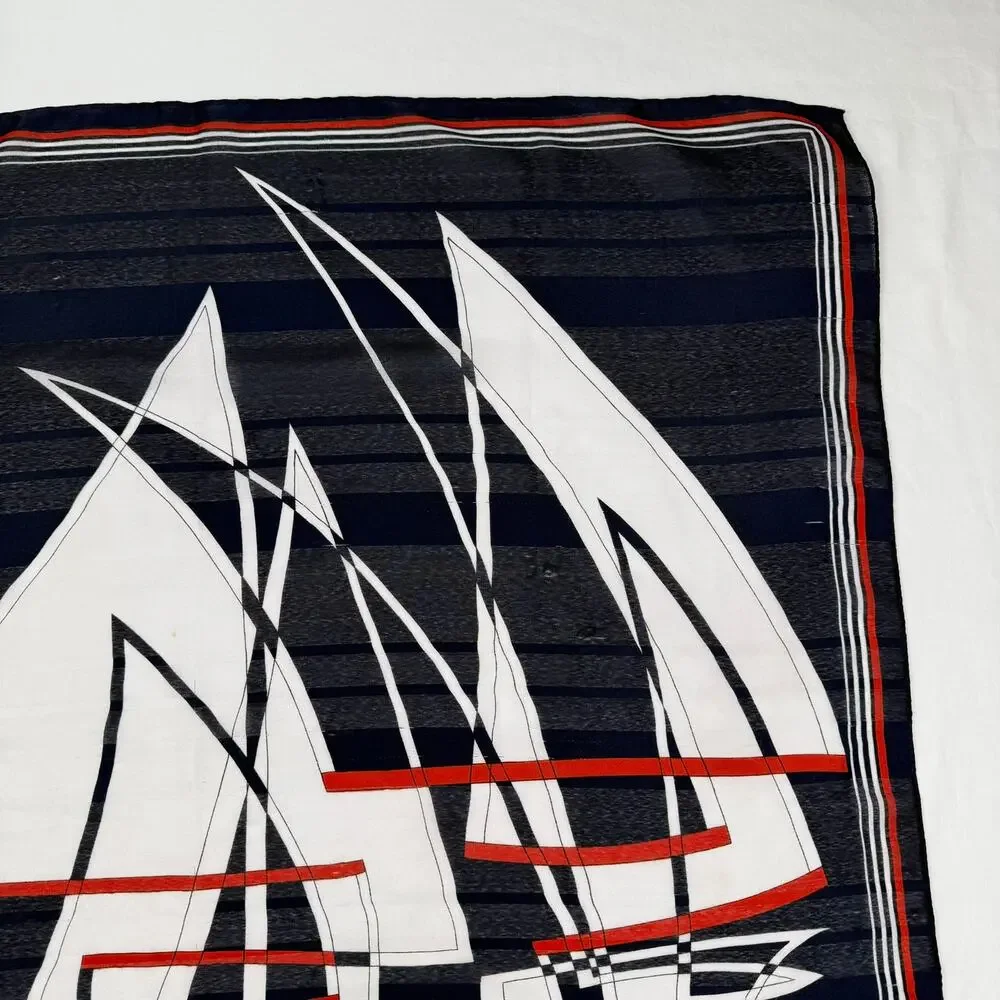 Gim Renoir Nautical Sailboat Scarf Navy Red White Vintage 1970s 80s Square